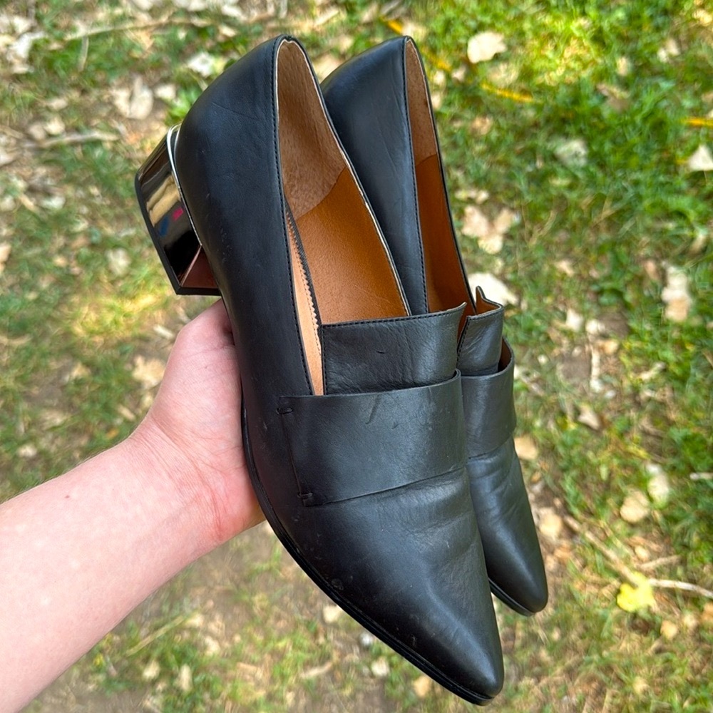 Franco Sarto Black Loafers with Silver Heel